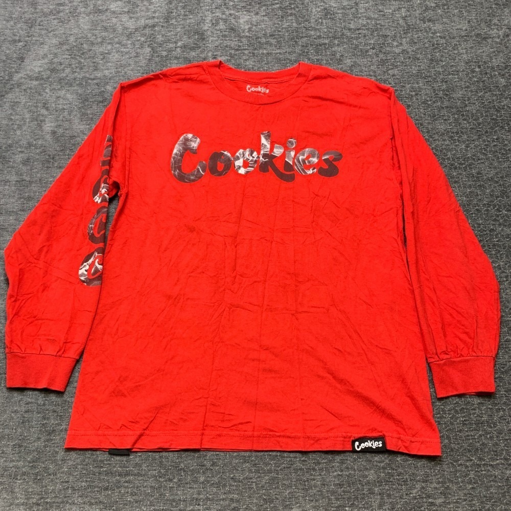 Cookies Shirt Mens Large Red Cotton Spellout Graphic Logo Long Sleeve Crew Neck